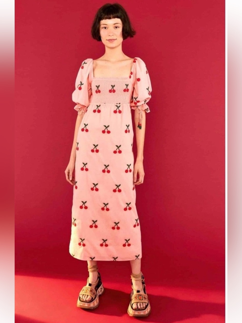 Farm Rio Cherry Cross Stitch Midi Dress Size XS Extra Small NWT
